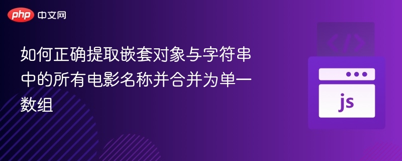 提取嵌套对象和字符串中的所有电影名并合并成数组，可以通过递归遍历对象和正则表达式匹配字符串来实现。以下是一个通用的解决方案：✅步骤一：定义数据结构假设你有如下数据结构（可能是嵌套对象或字符串）：constdata={movies:[{title: