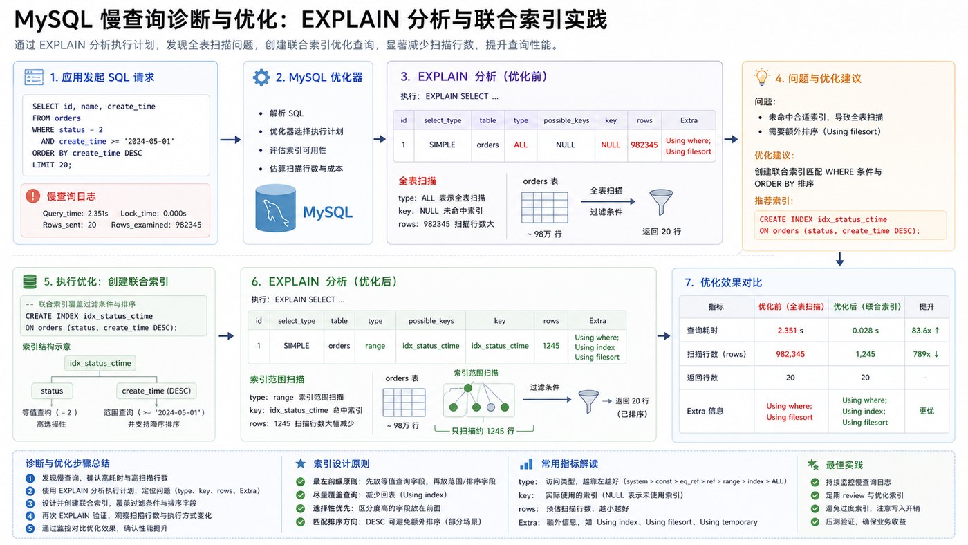 MySQL EXPLAIN 慢查询分析和联合索引优化流程图