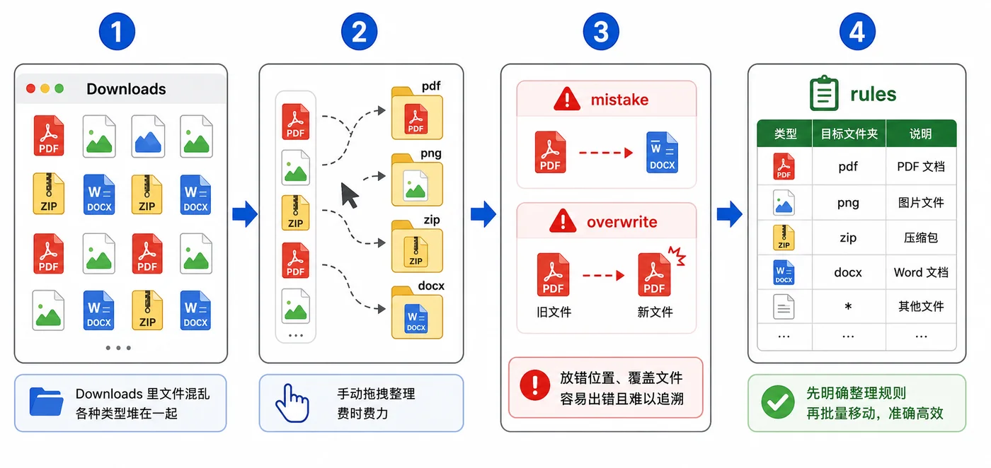 下载目录文件混杂导致手动整理容易出错的逻辑图