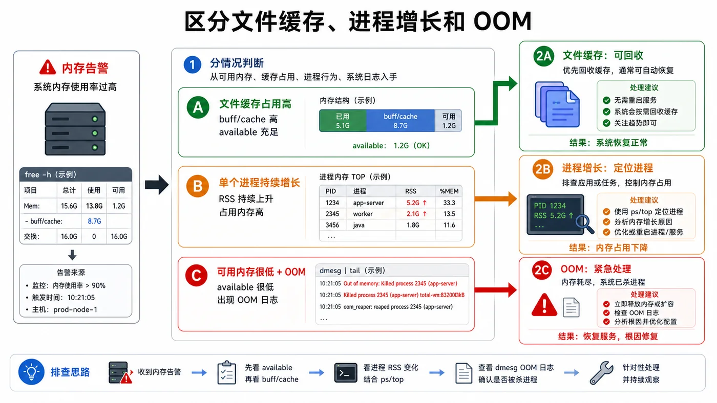 Linux 内存占用排查实战：free、top、ps 找出异常进程