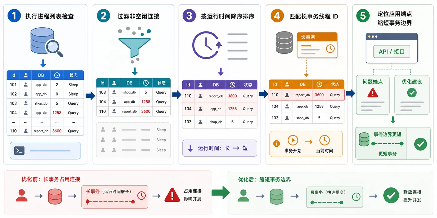 MySQL PROCESSLIST 诊断路径:筛选非空闲连接、按持续时间排序、关联长事务并定位到具体应用接口