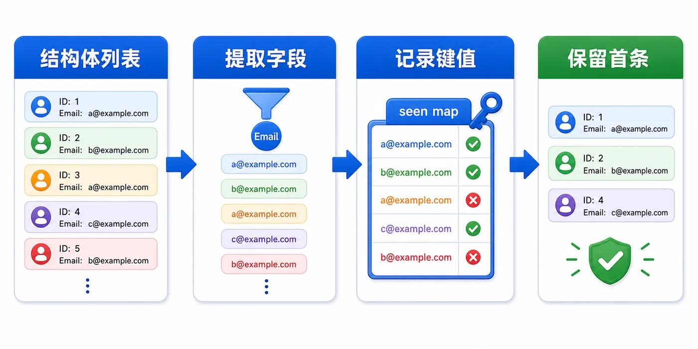 Go 泛型切片去重实战：comparable 约束和保序去重怎么写