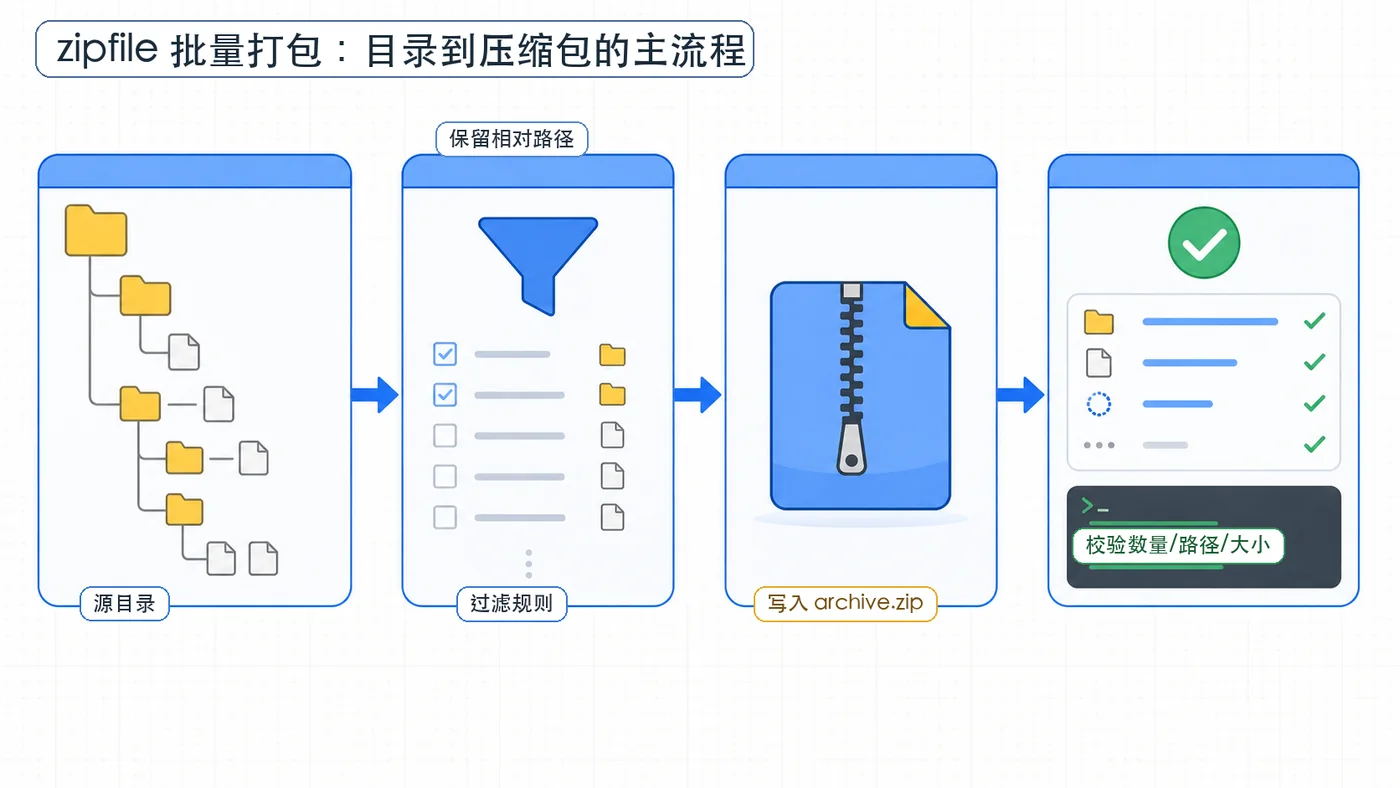 Python zipfile 从源目录过滤文件再写入压缩包并校验的流程图
