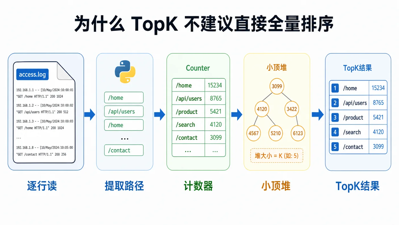 Python 日志 TopK 统计流程:逐行读取、提取路径、计数器聚合、小顶堆筛选、输出高频接口