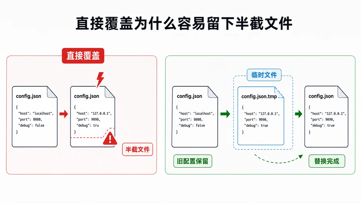 Python 原子写配置文件实战：tempfile 和 os.replace 防止半截文件