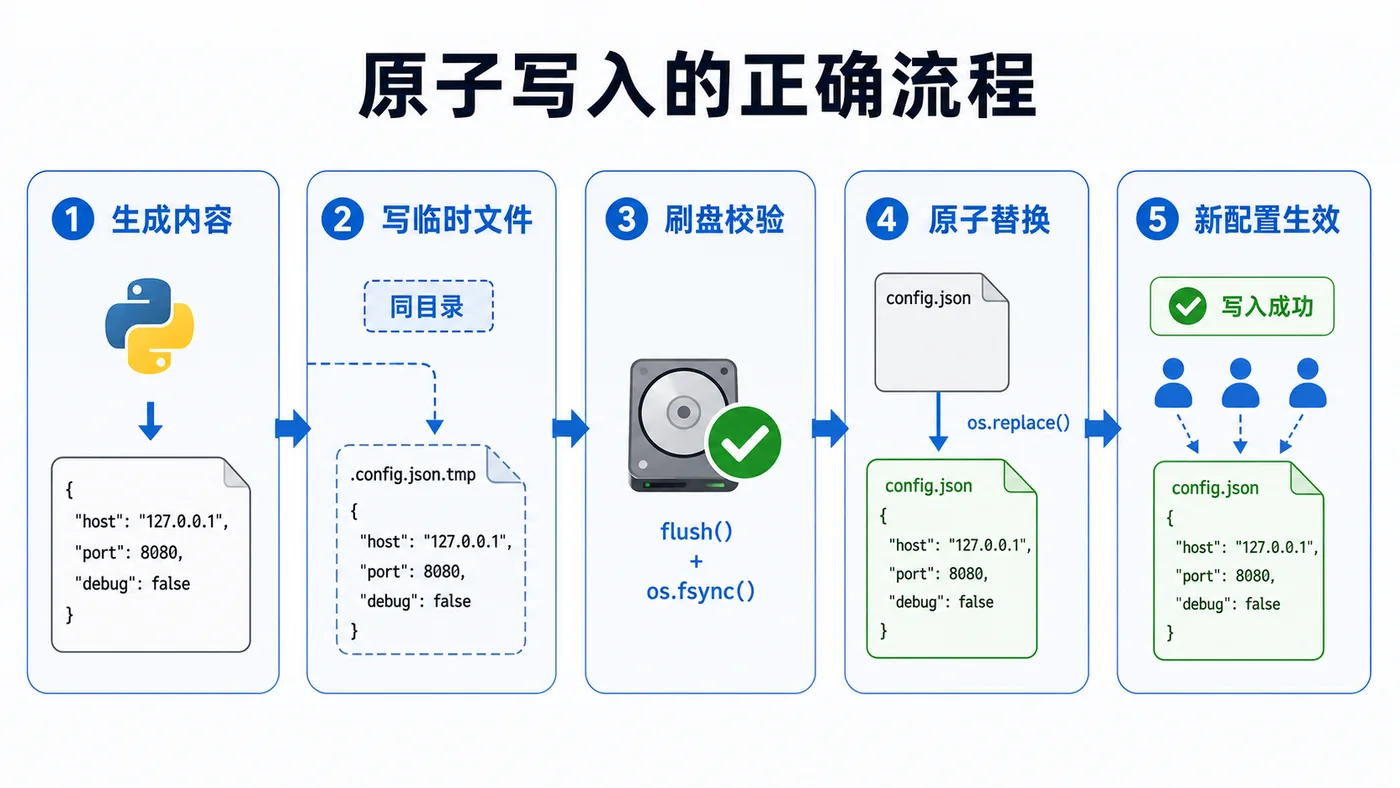 Python 原子写配置流程:写临时文件、刷盘校验、原子替换、旧文件保留、新配置生效