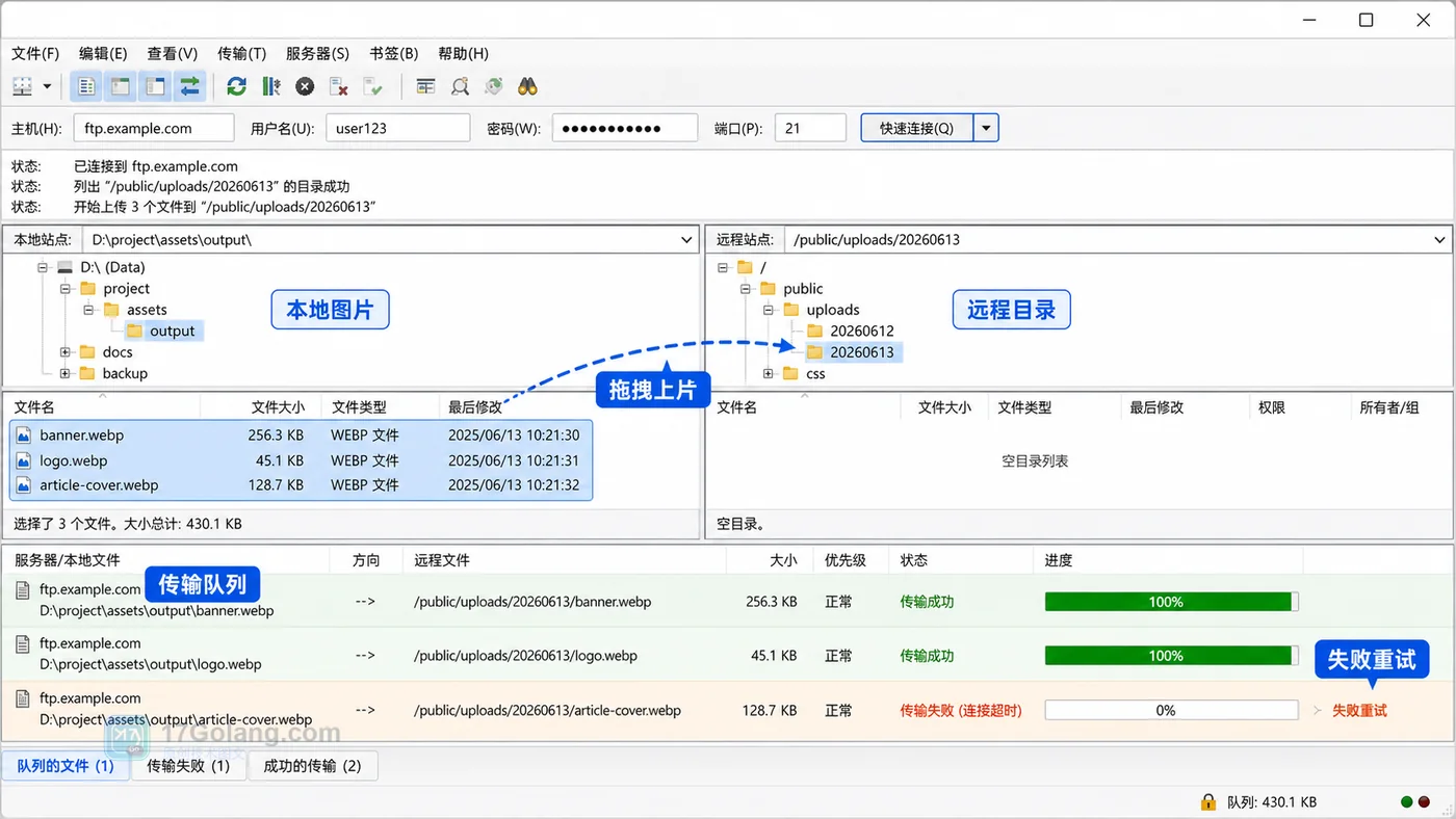 FileZilla 主窗口批量上传网站图片:本地目录、远程目录、拖拽上传和传输队列