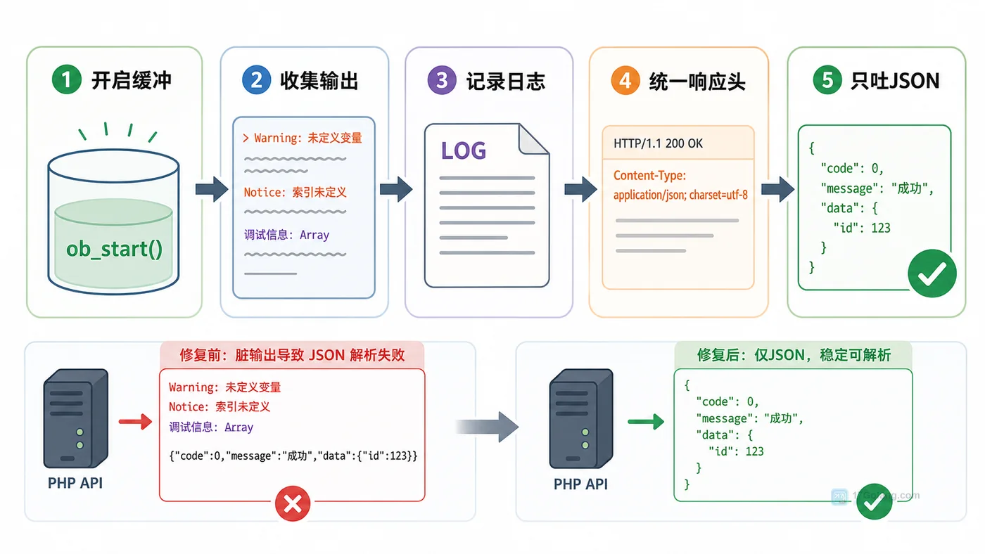 PHP 接口返回 JSON 前多出空白怎么办：从现象复现到输出缓冲定位