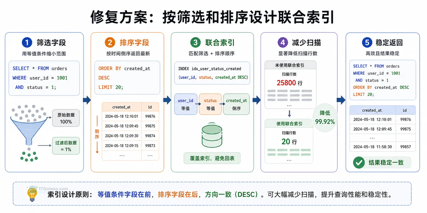 MySQL ORDER BY 联合索引优化流程图,展示筛选字段、排序字段、联合索引、减少扫描和耗时下降