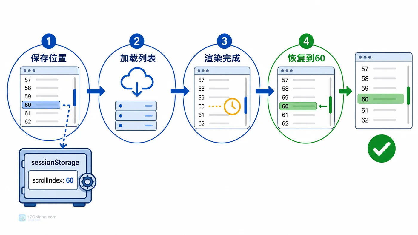滚动位置恢复方案:保存位置、加载列表、渲染完成、恢复滚动