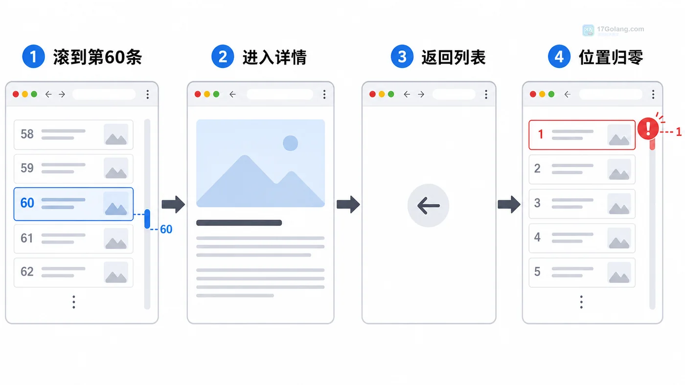 列表返回顶部问题的复现路径:滚动列表、进入详情、返回、位置归零