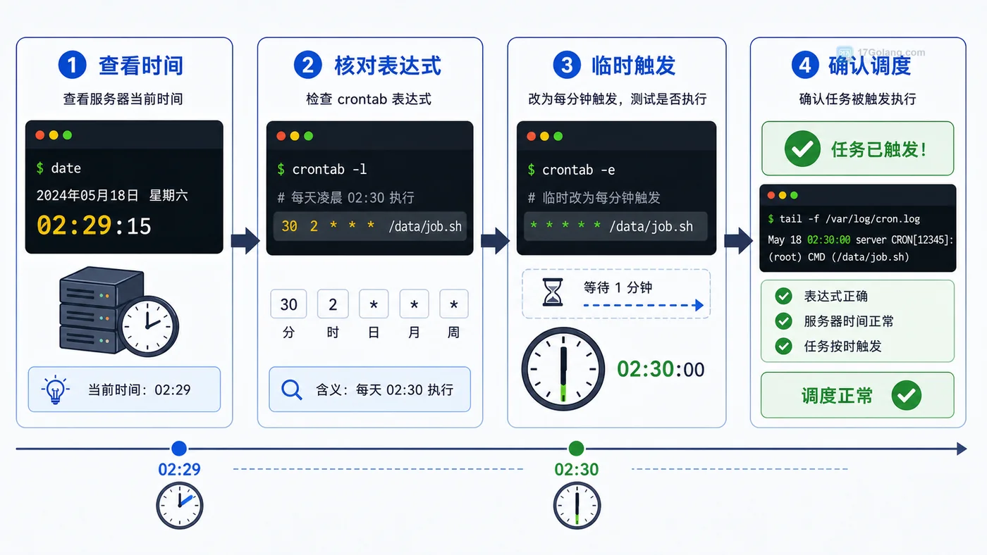 Linux crontab 时间排查:查看当前时间、核对表达式、临时触发、确认调度