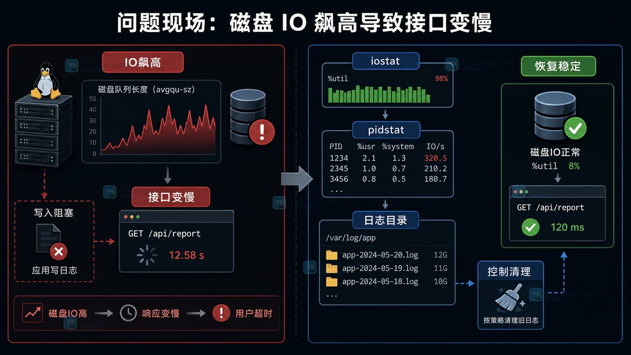 Linux 磁盘 IO 飙高导致接口变慢,并通过 iostat、pidstat、日志目录定位后恢复稳定