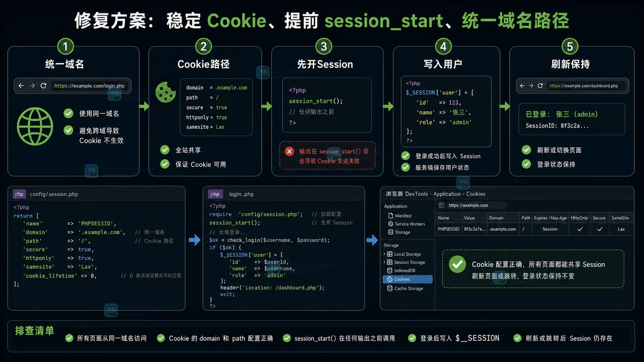 PHP Session 登录态突然丢失怎么办：从 Cookie 到 session_start 一步步排查