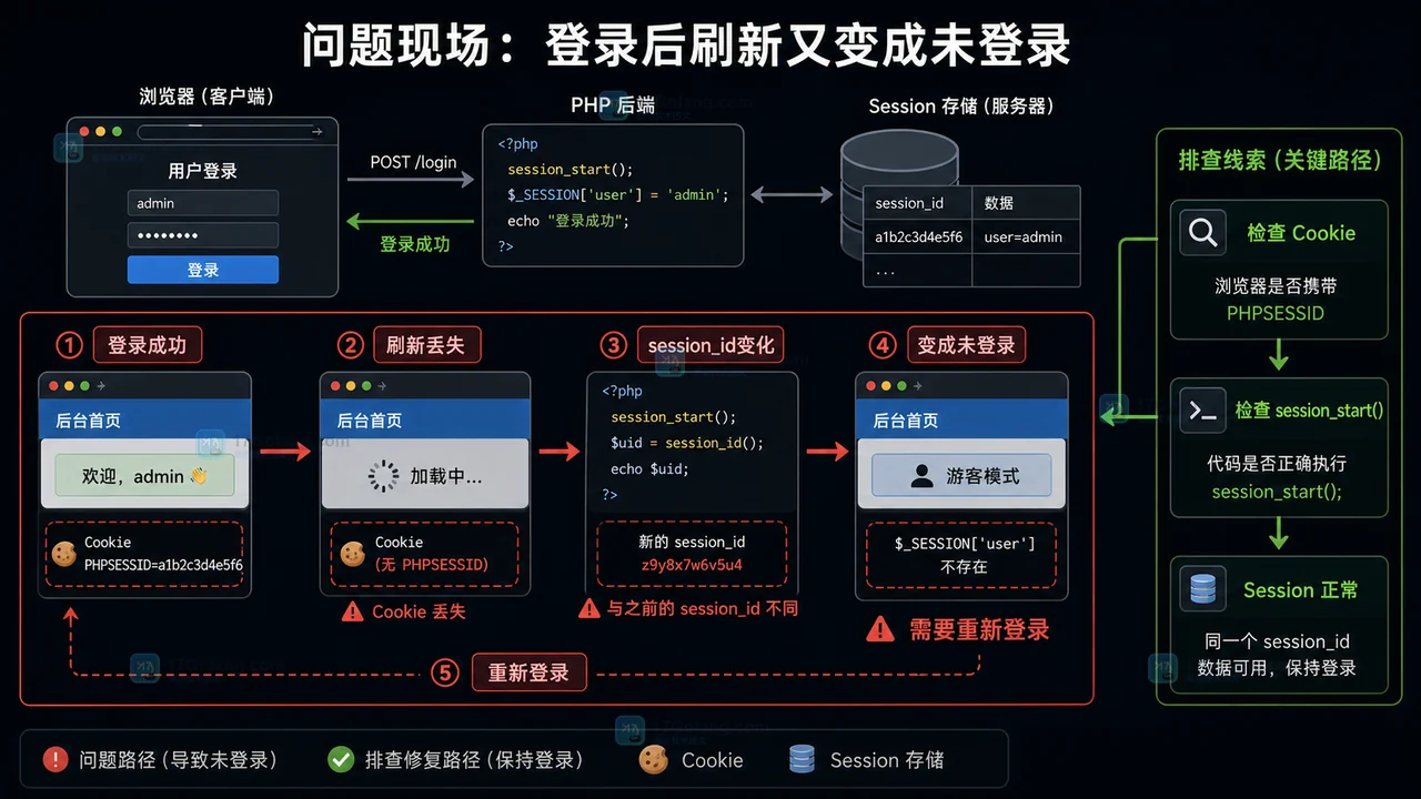 PHP 登录成功后刷新丢失:PHPSESSID Cookie 缺失导致 session_id 改变并变成未登录