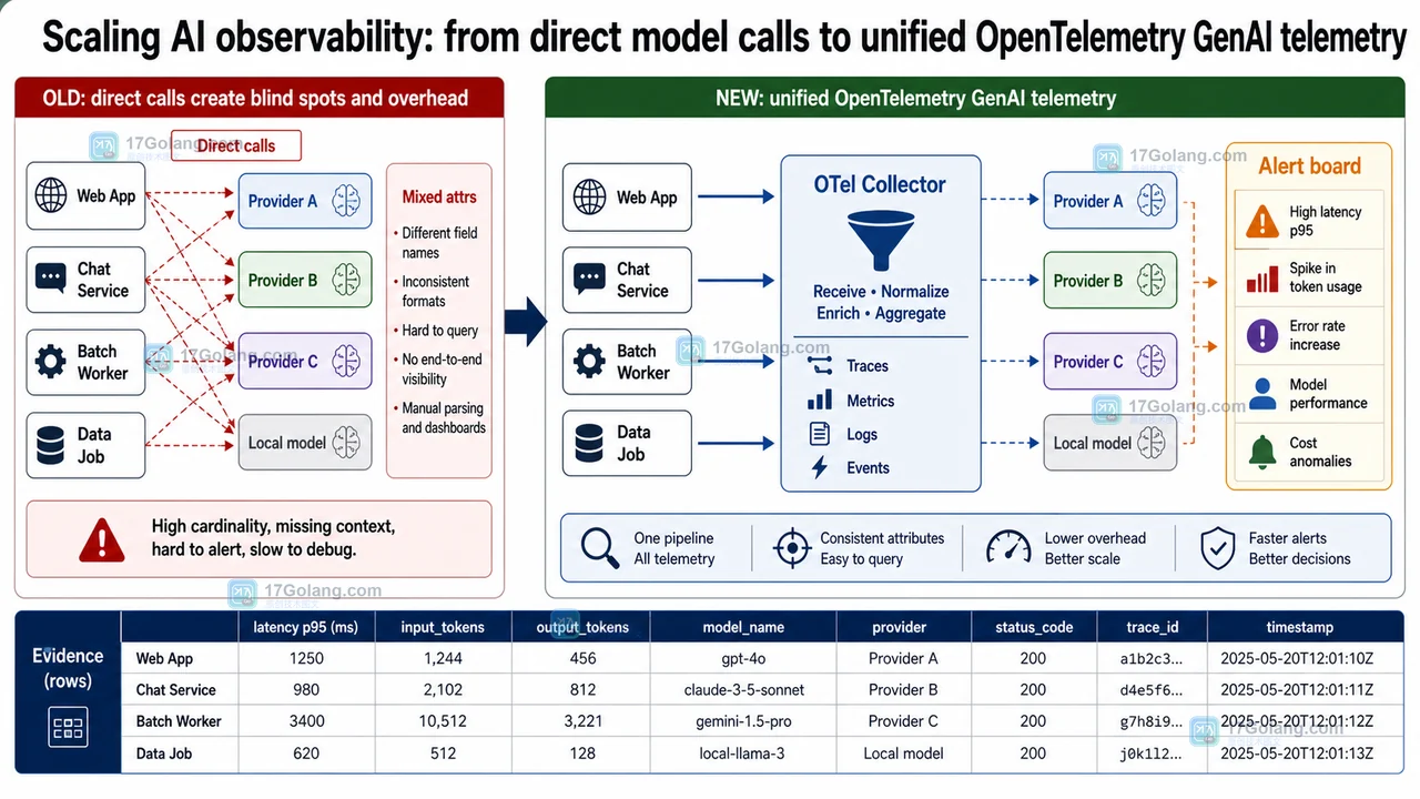 AI 调用从业务直连模型到 OpenTelemetry Collector 统一采集和告警看板的架构检查板