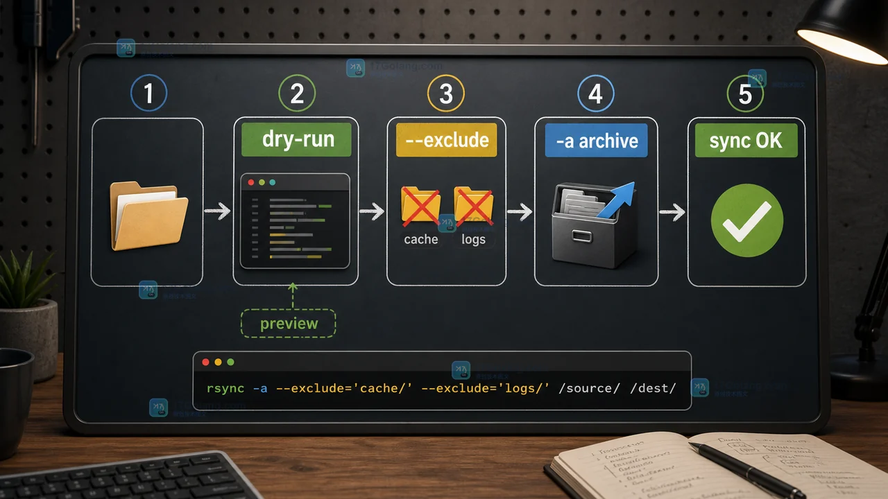 Linux rsync 使用 dry-run 预览、exclude 排除缓存日志并用 -a archive 保留权限的同步流程图