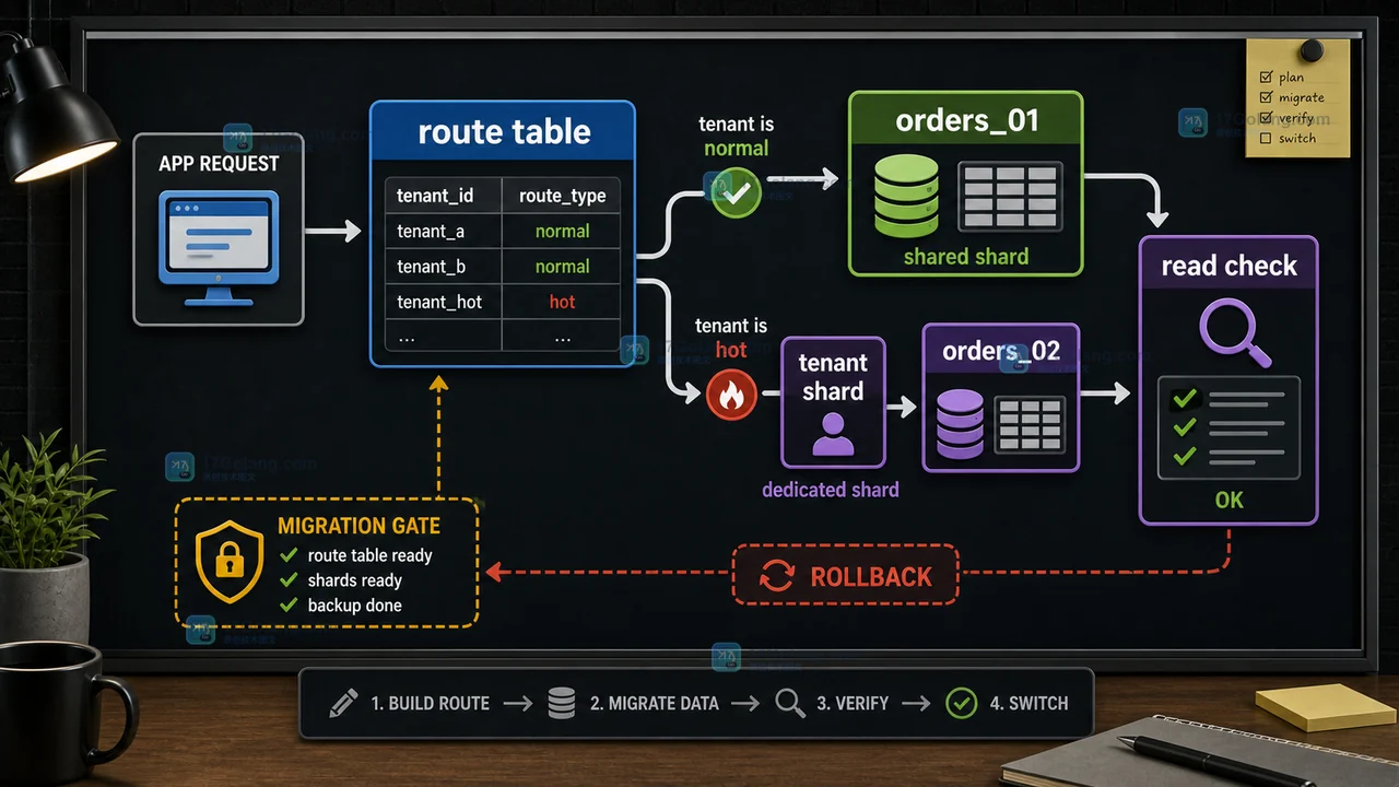 MySQL 多租户系统通过 route table 把普通租户写入 orders_01、热点租户写入 tenant shard 和 orders_02 的分片流程图