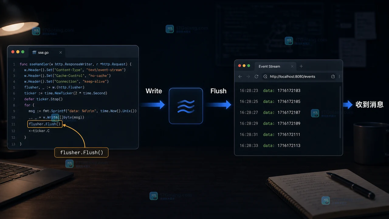 Go SSE handler 调用 http.Flusher 后浏览器收到 EventSource 消息
