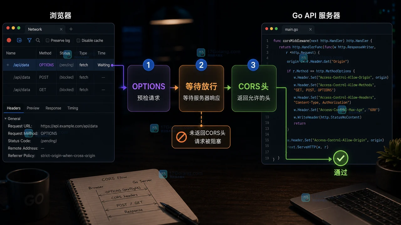 Go 接口处理浏览器 CORS 预检请求 OPTIONS 等待放行流程