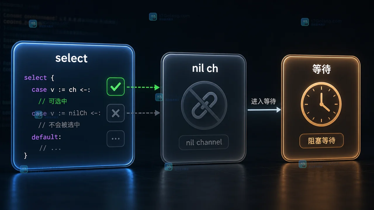 Go select 中 nil channel 分支进入等待状态而不会被选中的示意图