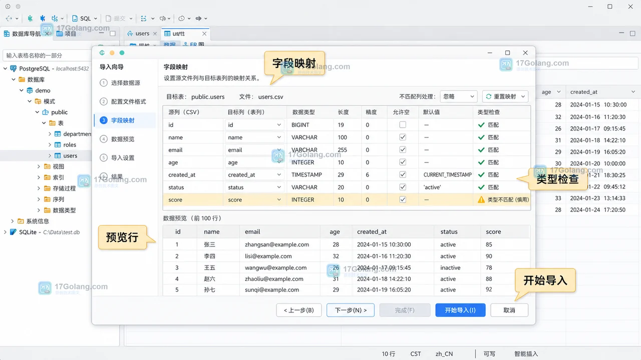 DBeaver CSV 导入字段映射页面中检查列名 数据类型 预览行和开始导入