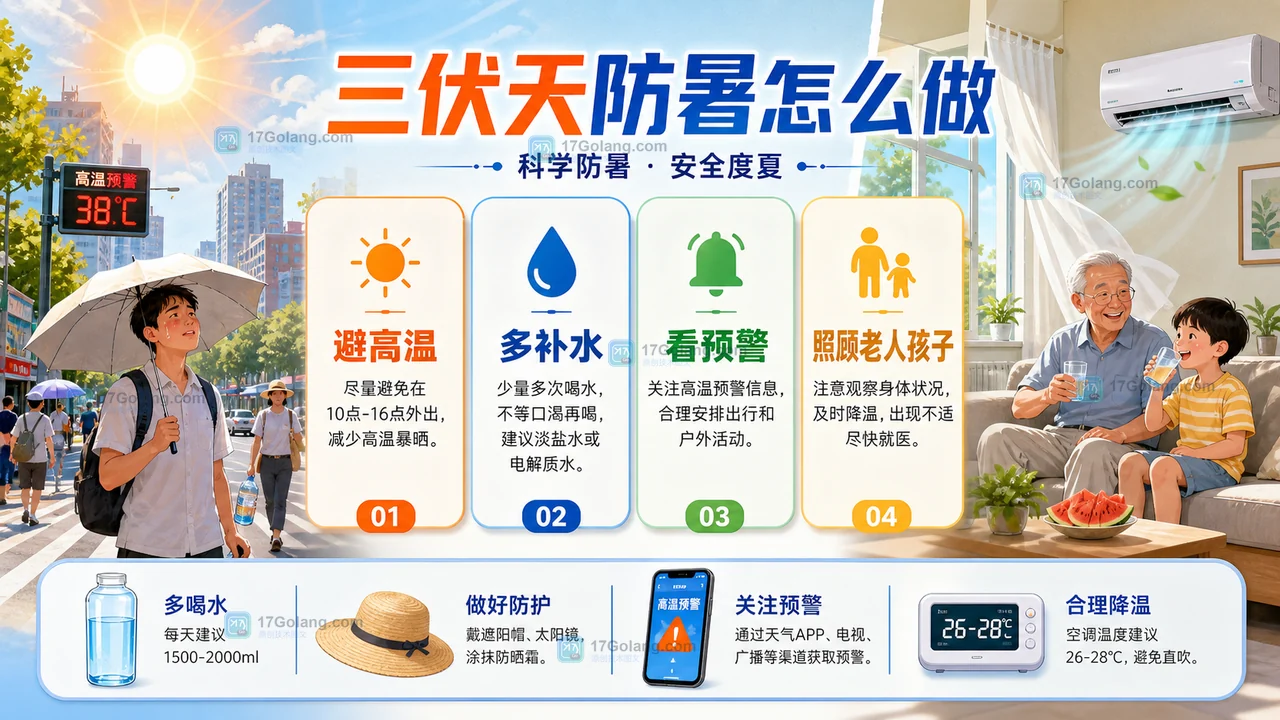 三伏天防暑清单,展示避高温、多补水、看预警和照顾老人孩子