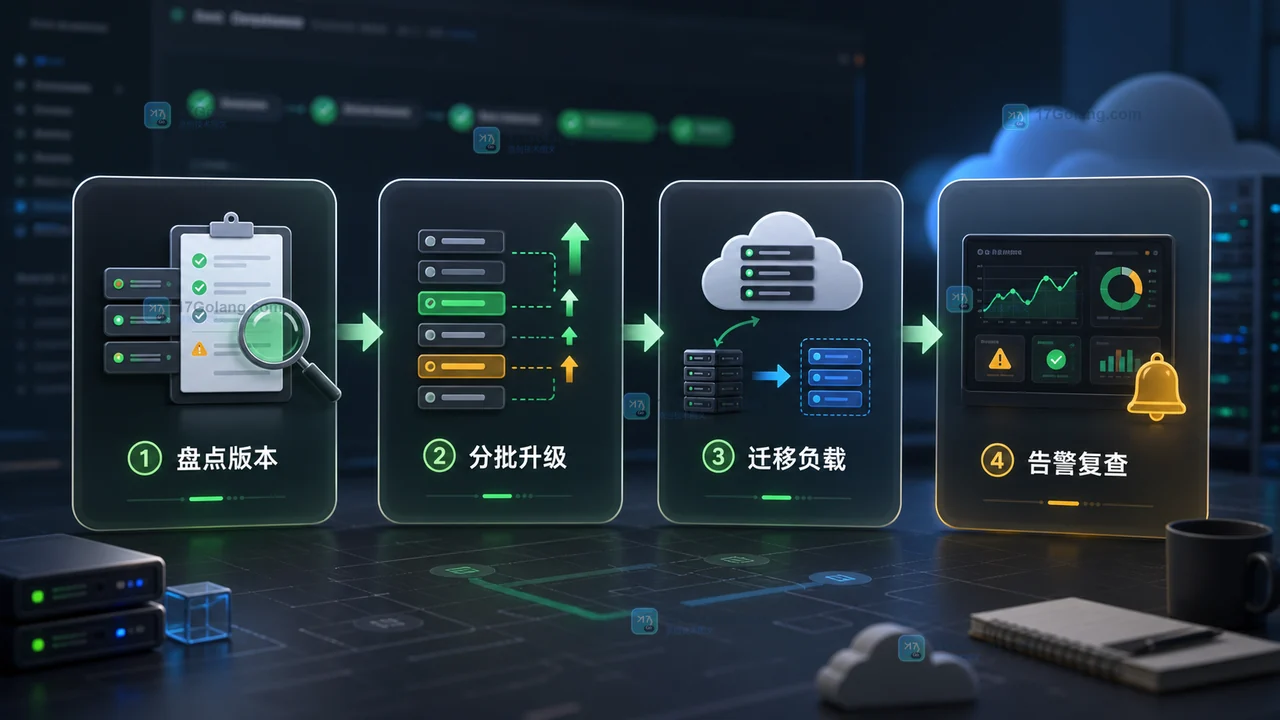 Go 项目自托管 runner 盘点版本、分批升级、迁移负载和告警复查的 CI 整理方案图
