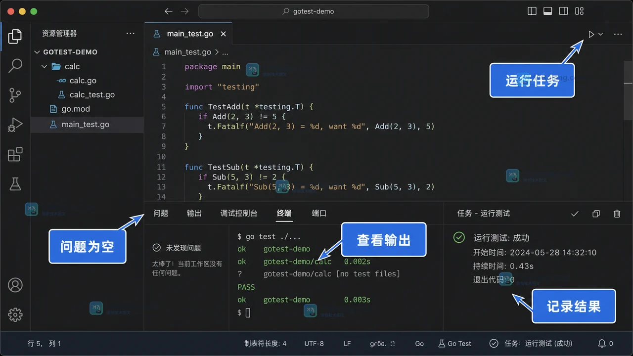 VS Code 运行 Go 测试任务后查看终端输出、问题面板为空和任务记录的界面