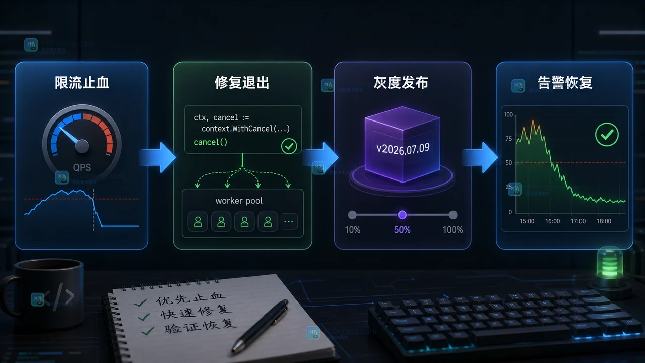 Go goroutine 泄漏处理从限流止血到修复退出、灰度发布和告警恢复的流程图