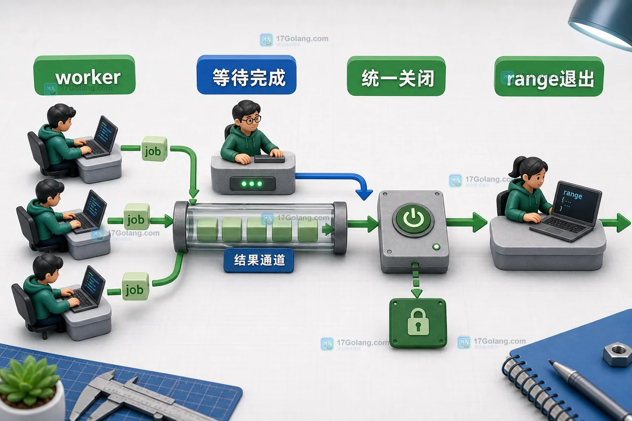 Go 多个 worker 写结果 channel 时等待全部完成再统一 close，range 循环安全退出的流程图