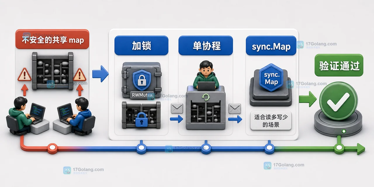 Go 共享 map 从无保护访问加固为加锁、单协程归口和 sync.Map 后验证通过的时间线路径图