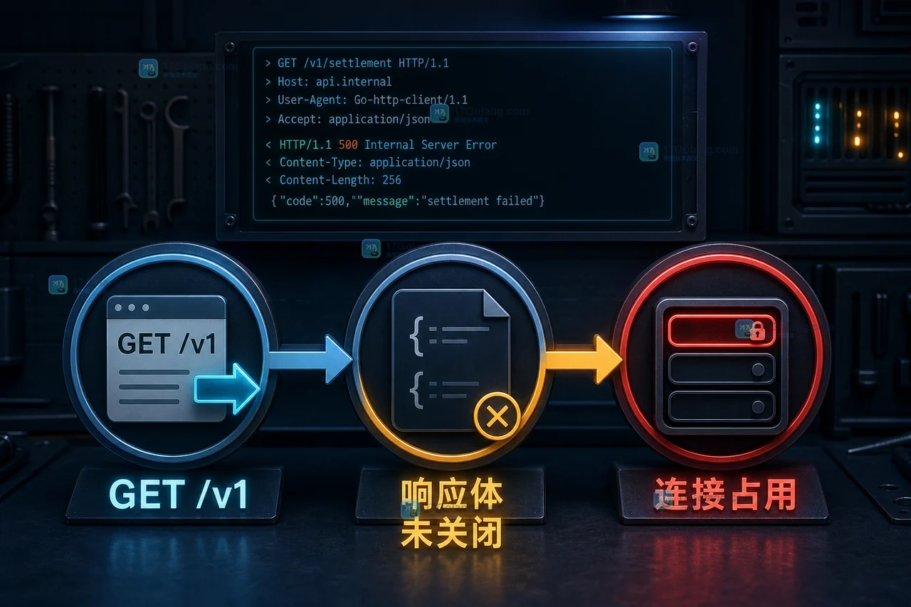 Go HTTP 请求从 GET /v1 到响应体未关闭、连接被占用的生命周期示意