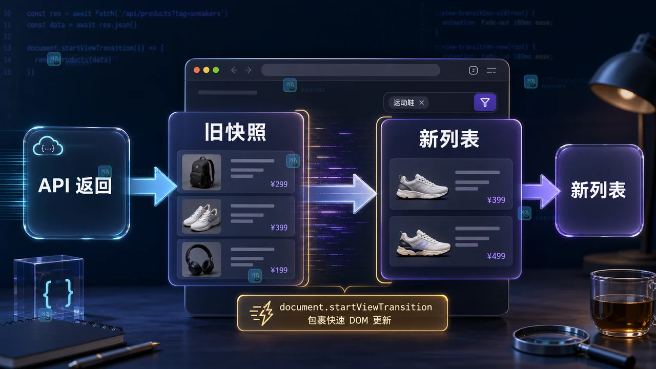 筛选请求返回后,旧列表快照经过 DOM 更新切换为新列表的 View Transition API 决策路径