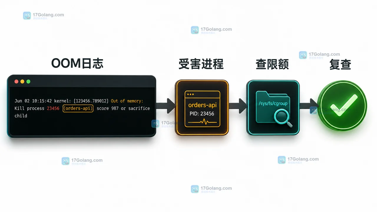 Linux 内核 OOM 日志与 orders-api 受害进程、cgroup 检查路径的控制台流程图