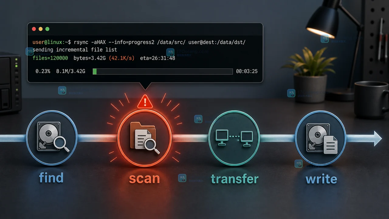 Linux rsync 大目录同步中 find、scan、transfer、write 四段链路，scan 节点显示为瓶颈