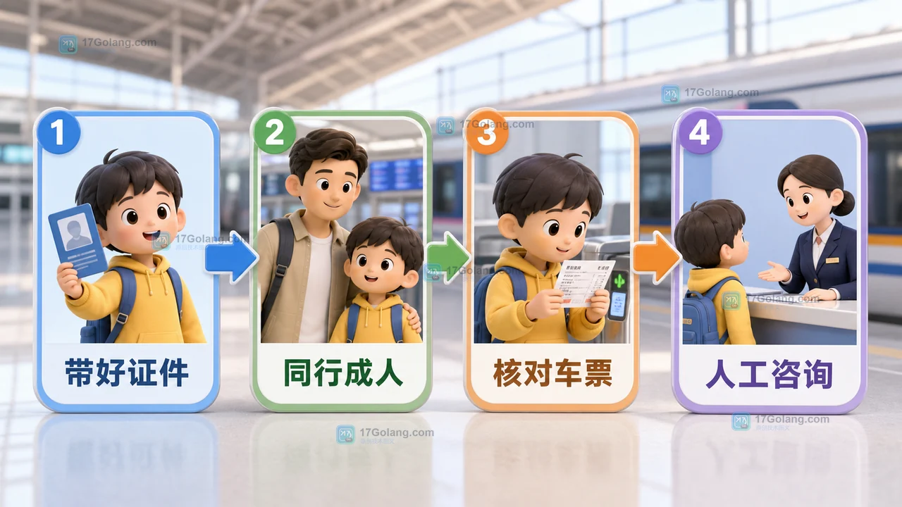 带儿童乘坐高铁时从核对证件到同行成人和人工咨询的出行准备路径插画