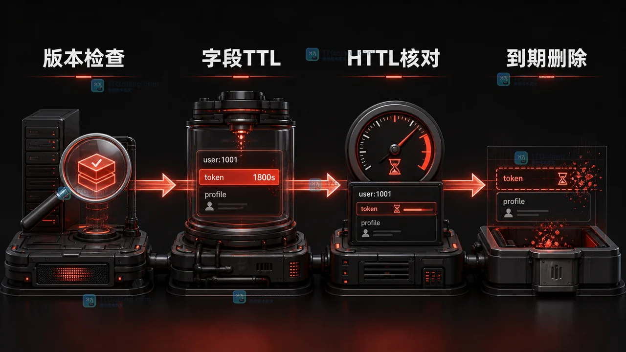 Redis HEXPIRE 的版本检查、字段 TTL 设置、HTTL 读取和到期后 token 删除而 profile 保留的验证流程插画