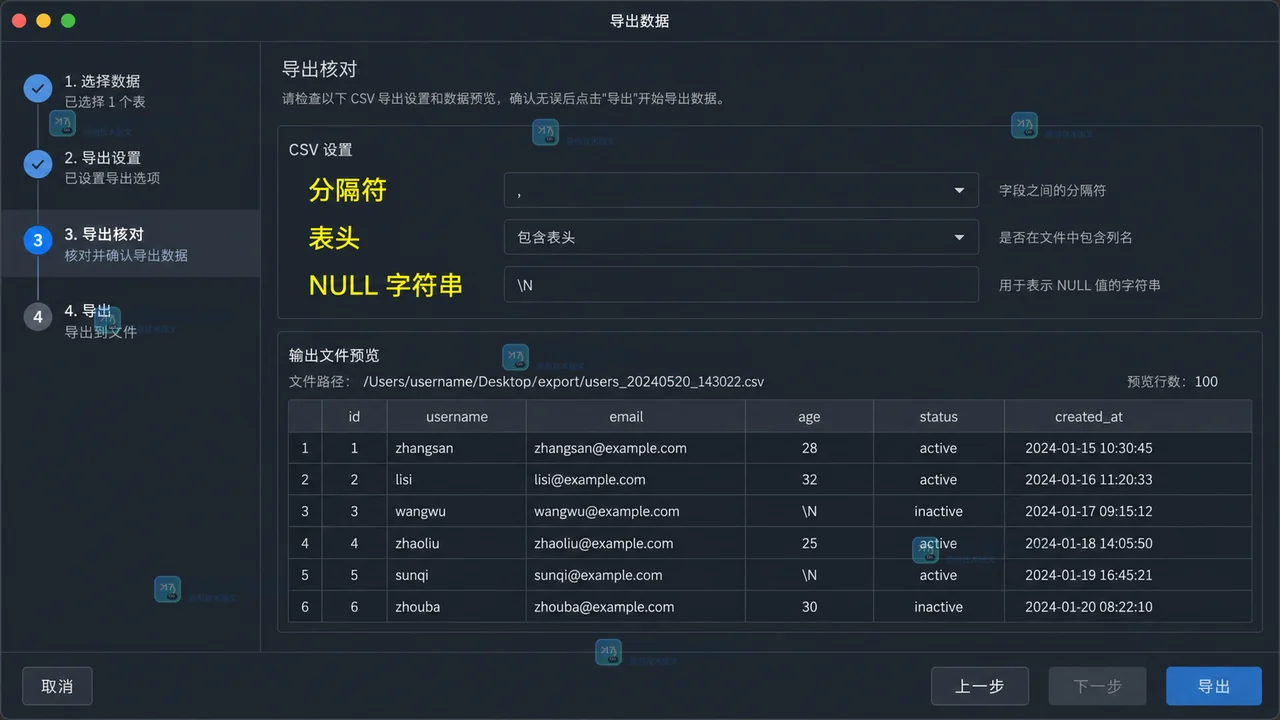 DBeaver 导出查询结果为 CSV：字段选择、分隔符和文件核对