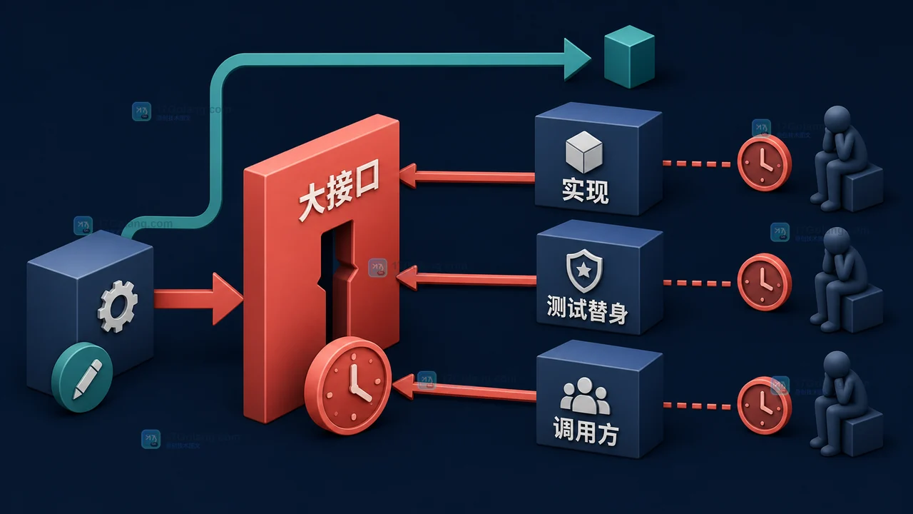 Go 过早定义大接口造成实现、测试和调用方多方等待的反例示意图