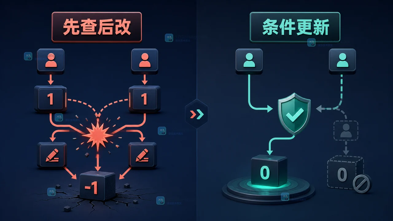 MySQL 库存先查后改导致竞态与条件更新防止超卖的对照图