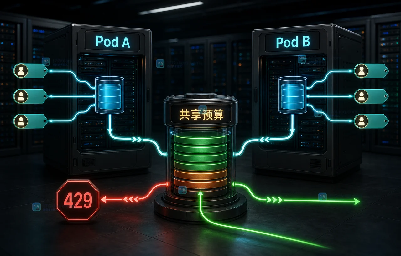 两个 Go 服务副本分别接收同一租户请求并通过共享预算控制 429 的多实例限流图