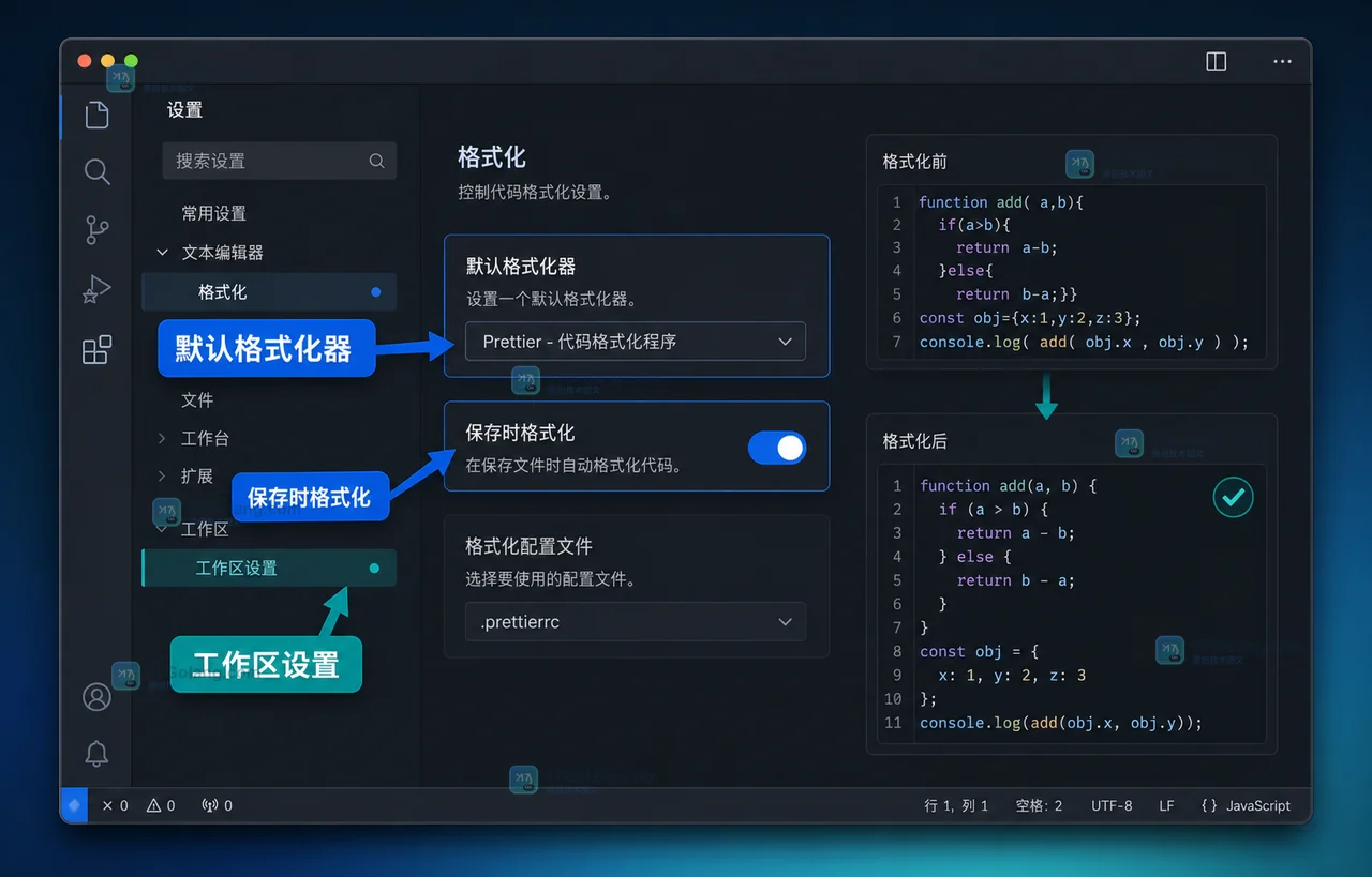 VS Code 自动格式化不生效怎么办：默认格式化程序、保存触发和语言模式这样查