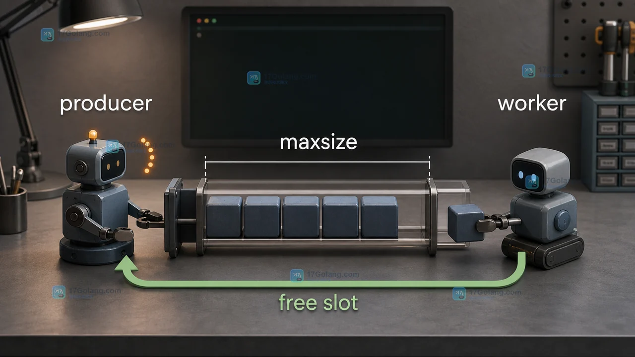 Python asyncio Queue 有界队列中生产者等待、maxsize 限制、worker 消费和释放槽位的等待链图