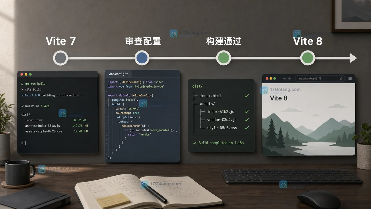 Vite 7 升级到 Vite 8 的时间线，展示配置审查、构建检查与页面回归的先后关系
