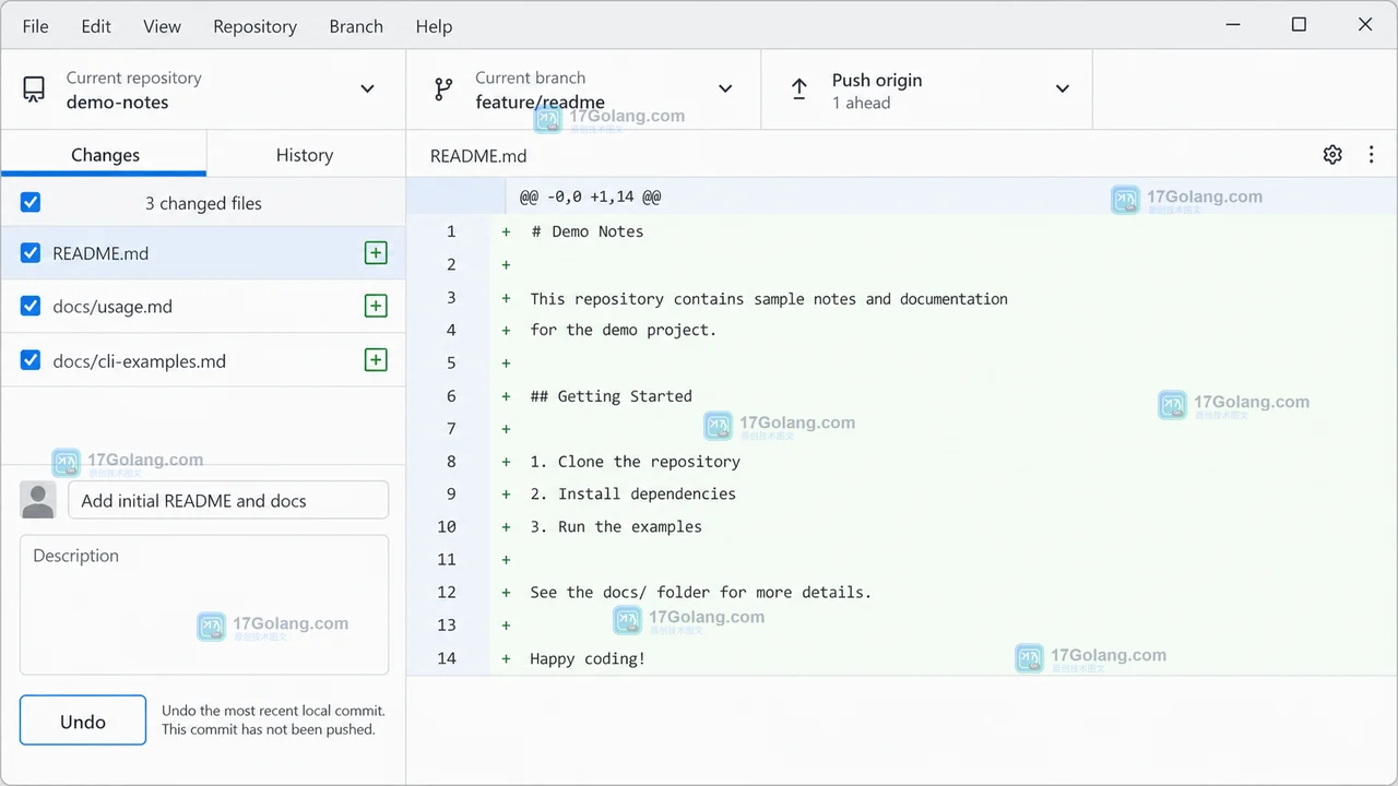 GitHub Desktop 原创界面示意图，Changes 页面底部的 Undo 入口与未推送提交状态