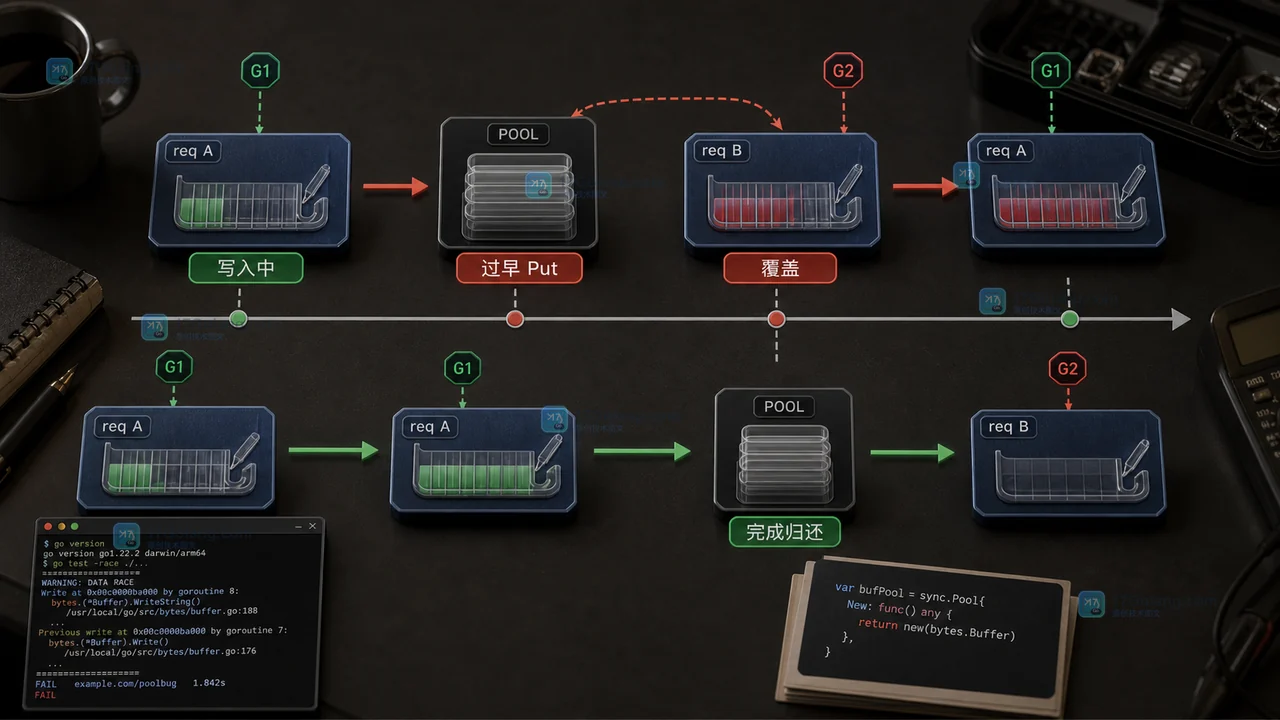 Go bytes.Buffer 在异步写入结束后才归还 sync.Pool 的正确所有权时间线示意