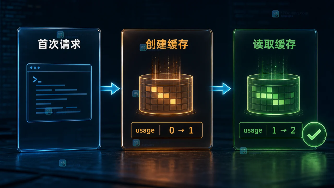 Claude API 连续两次请求从缓存创建到缓存读取,并通过 usage 字段确认命中的等待链示意图