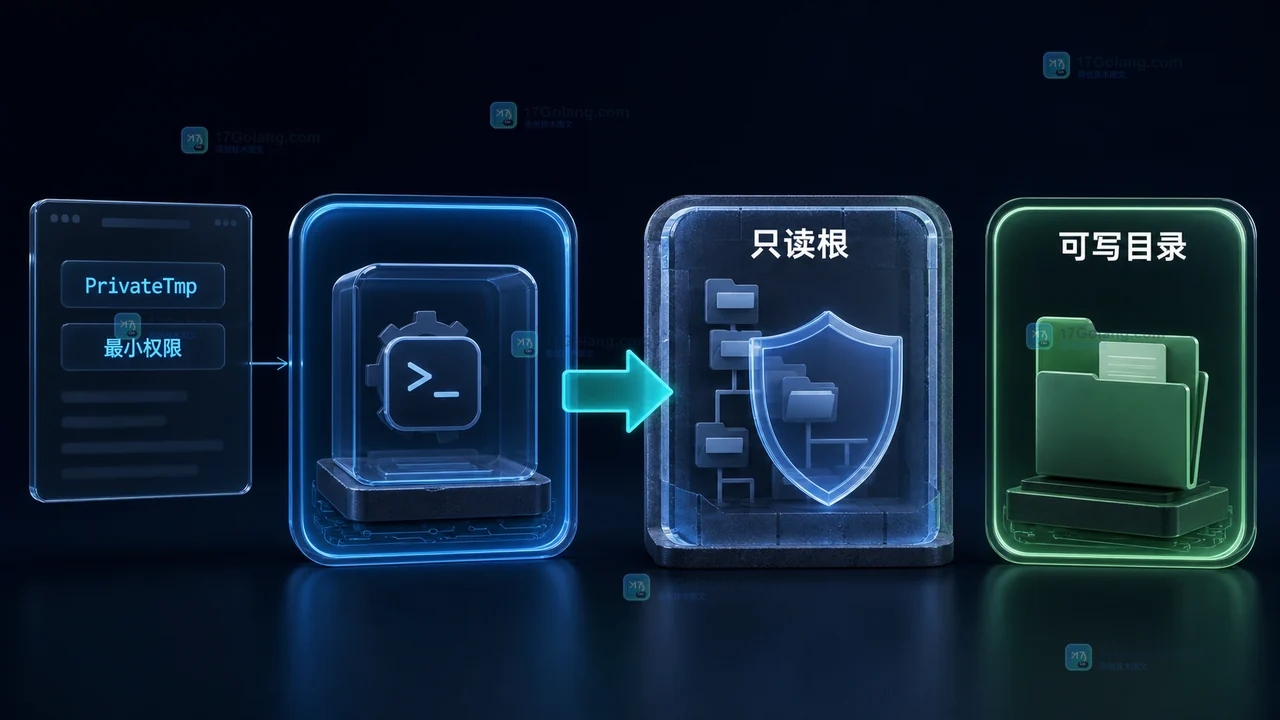 Linux 服务单元加固前后对比:根路径转为只读、业务位置被明确放行、临时位置隔离和最小权限生效的工程示意图