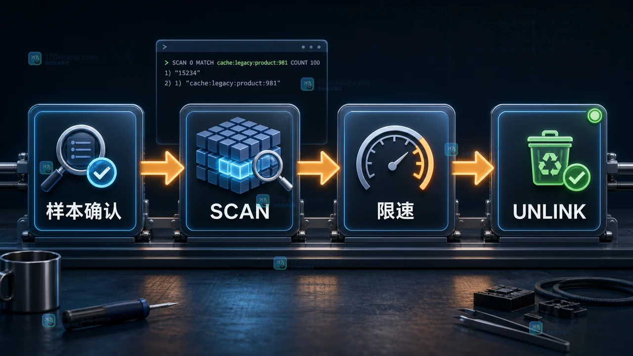 Redis 批量清理四阶段流程:样本确认经由 SCAN 游标,限速后使用 UNLINK 释放旧缓存键